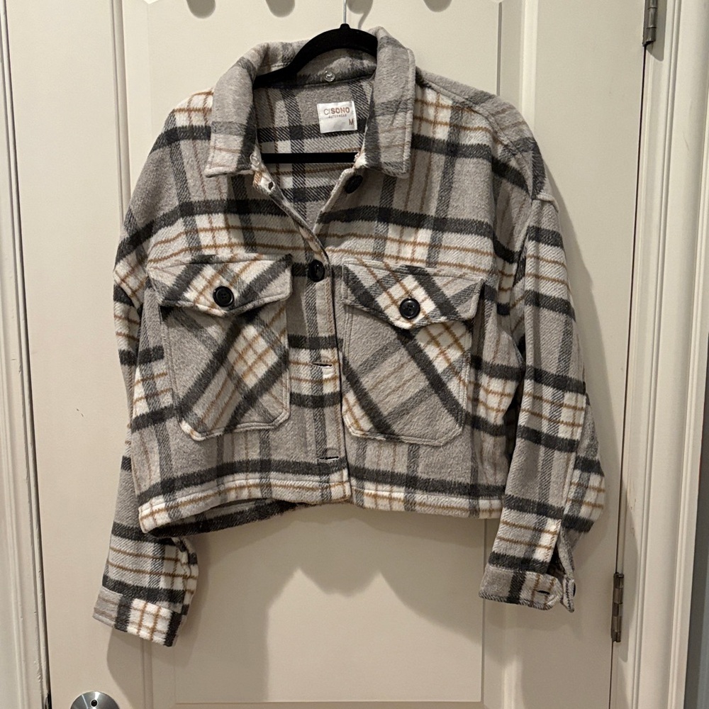 C Sono Gray and Cream Plaid Cropped Flanne Jacket